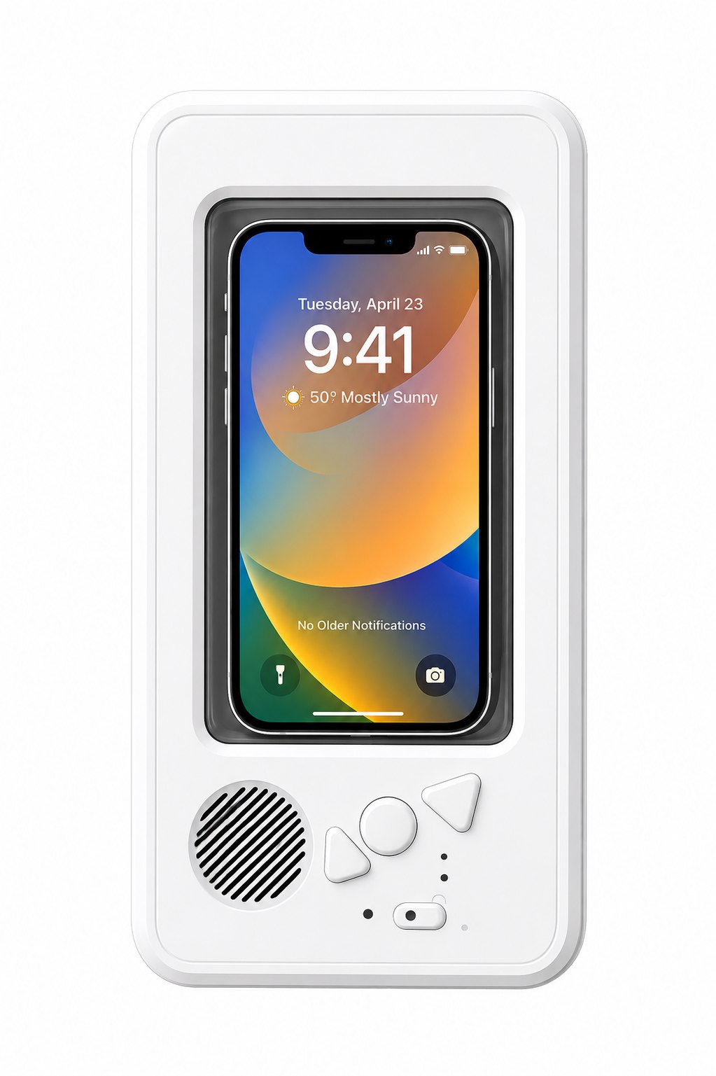 WaterPhone front view with phone inside and speaker controls