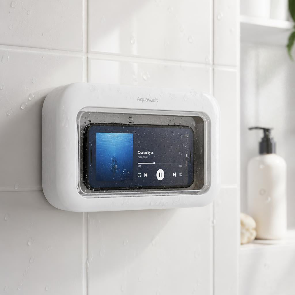 WaterPhone waterproof shower phone box mounted on bathroom tile